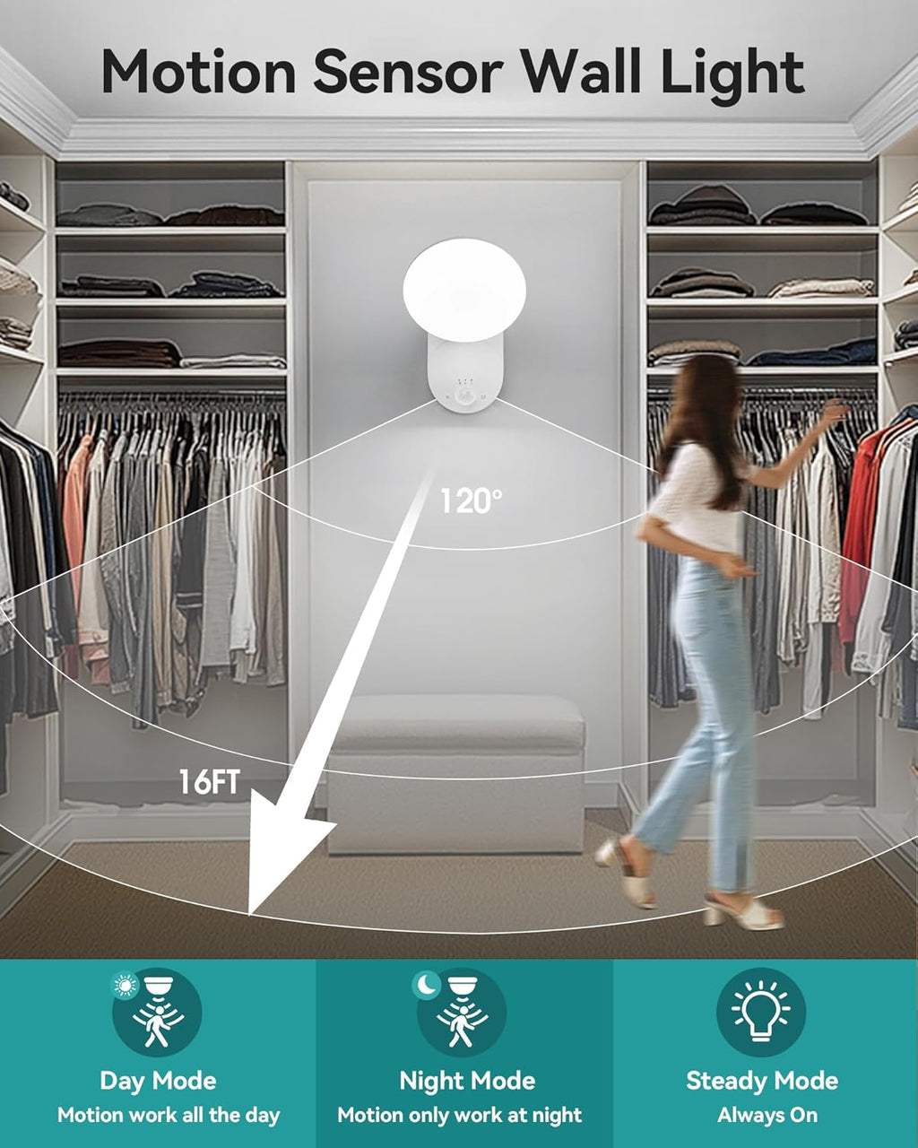 Rechargeable Motion Sensor Wall Light with Remote - Wireless Battery Operated Closet Lights Motion Sensored, Magnetic Wall Sconce for Closet Hallway Porch Garage Stairs