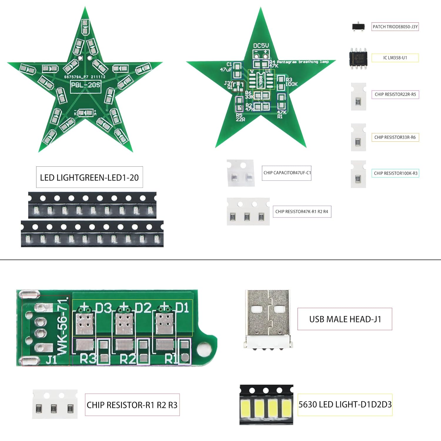 5in1 DIY Soldering practice Kit! Includes Small USA Flag, Star LED, USB Night Light, 15Way Flow & Drip Lights. SMD/SMT projects, ideal for beginners.This exercise kit can unleash your creativity