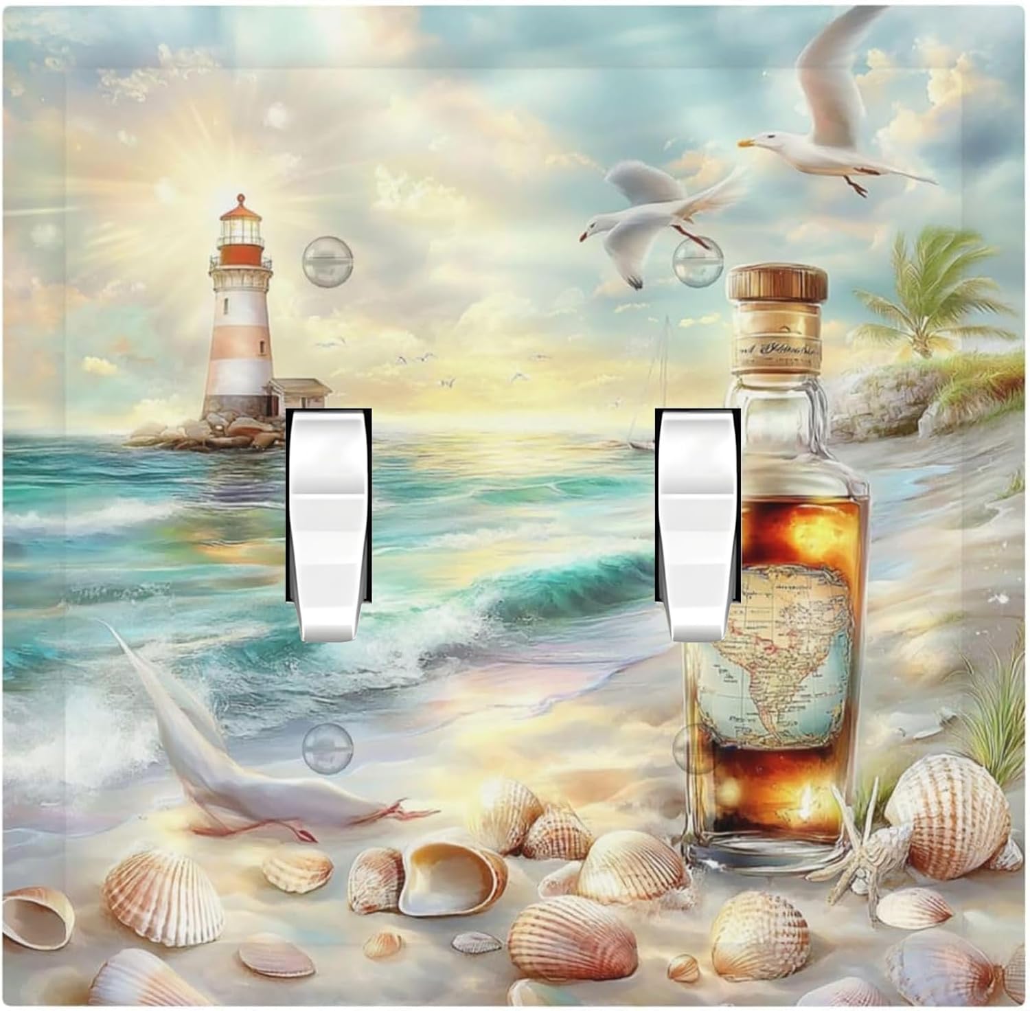 Decorative Switch Plates Beach Ocean Lighthouse Seashells 2 Gang Double Toggle Outlet Light Switch Cover Wall Plate Electrical Faceplate For Bed Room Living Room Decor