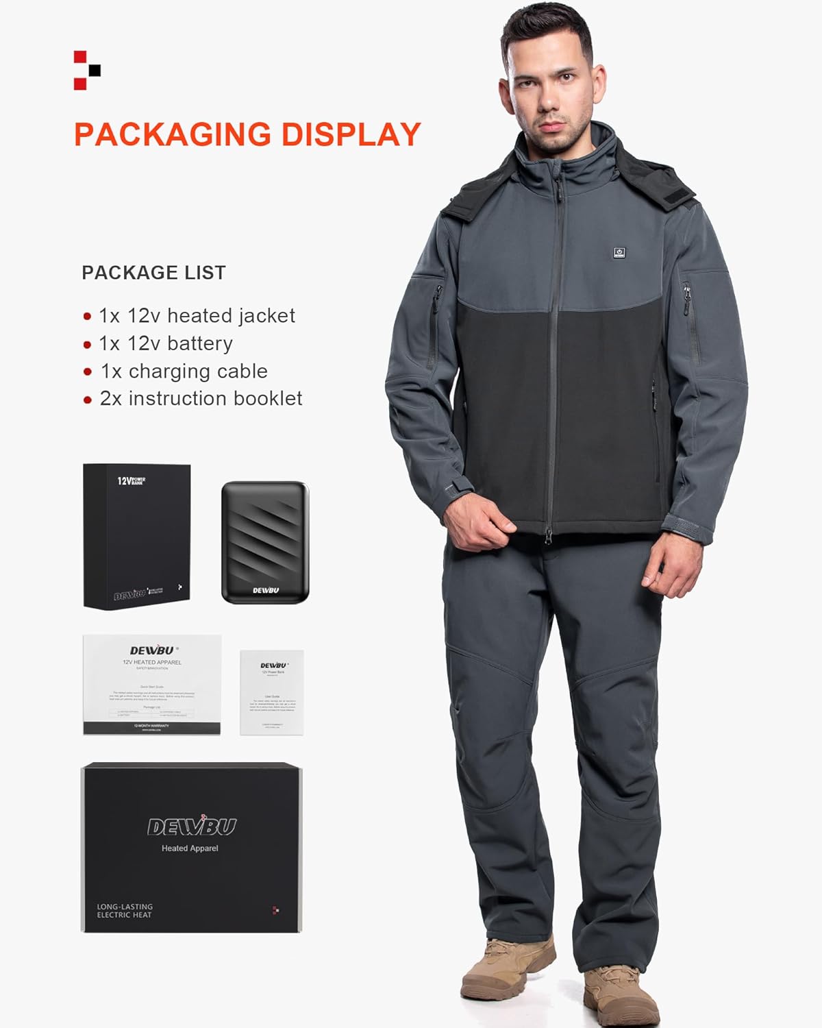 DEWBU Soft Shell Heated Jacket for Men with 12V Battery Pack and Detachable Hood Outdoor Electric Heating Coat