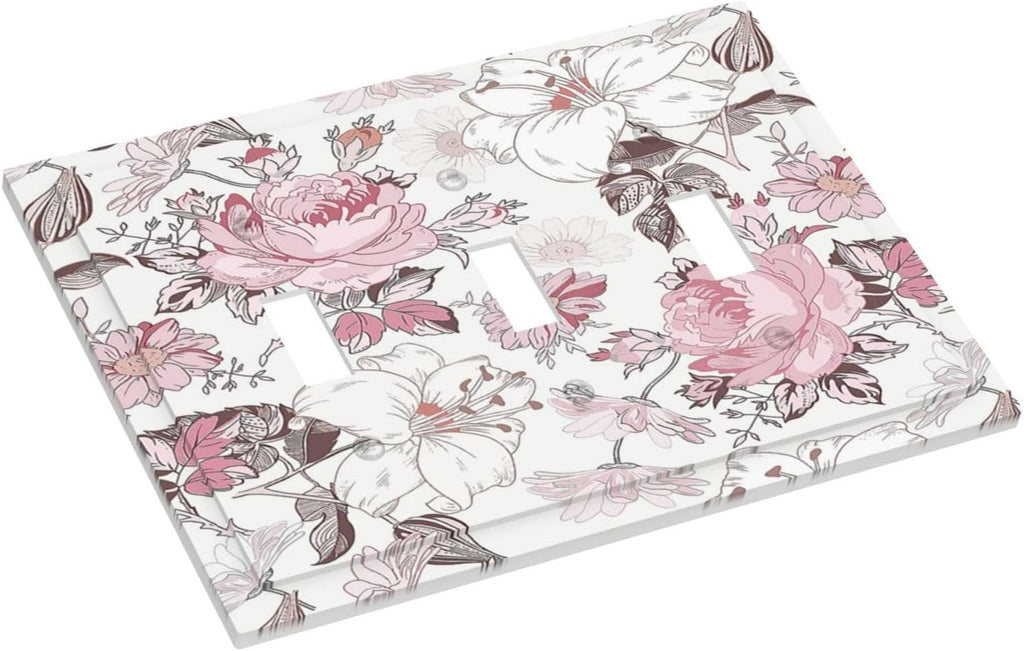 Decorative Switch Plates Modern Watercolor Flower Pink White Wildflower 3 Gang Wall Plate Faceplate Triple Toggle Light Switch Cover Electrical Wall Panels for Bedroom Home Decor