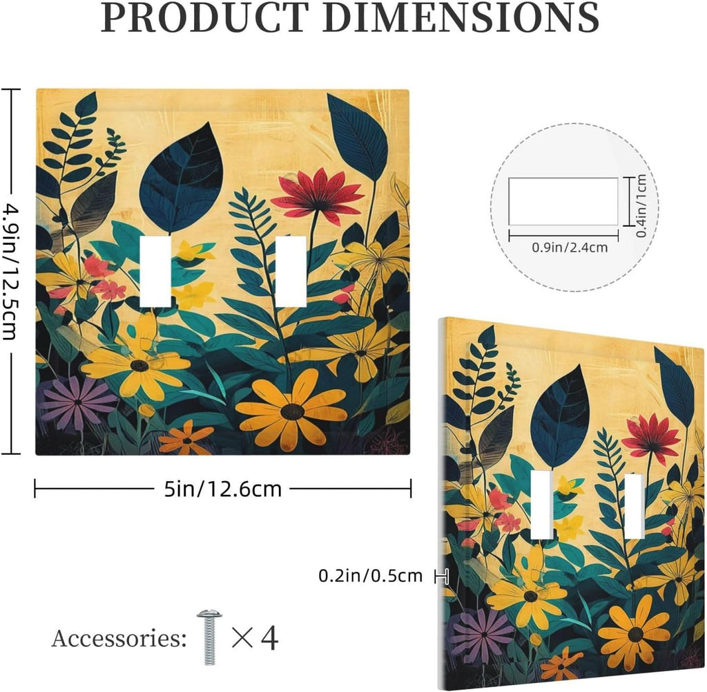 Abstract Minimalist Floral Botanical Boho Flower 2 Gang Double Toggle Light Switch Cover Decorative Switchplate Electrical Wall Plates Faceplate for Bathroom Bedroom Decor 4.9 X 5 IN