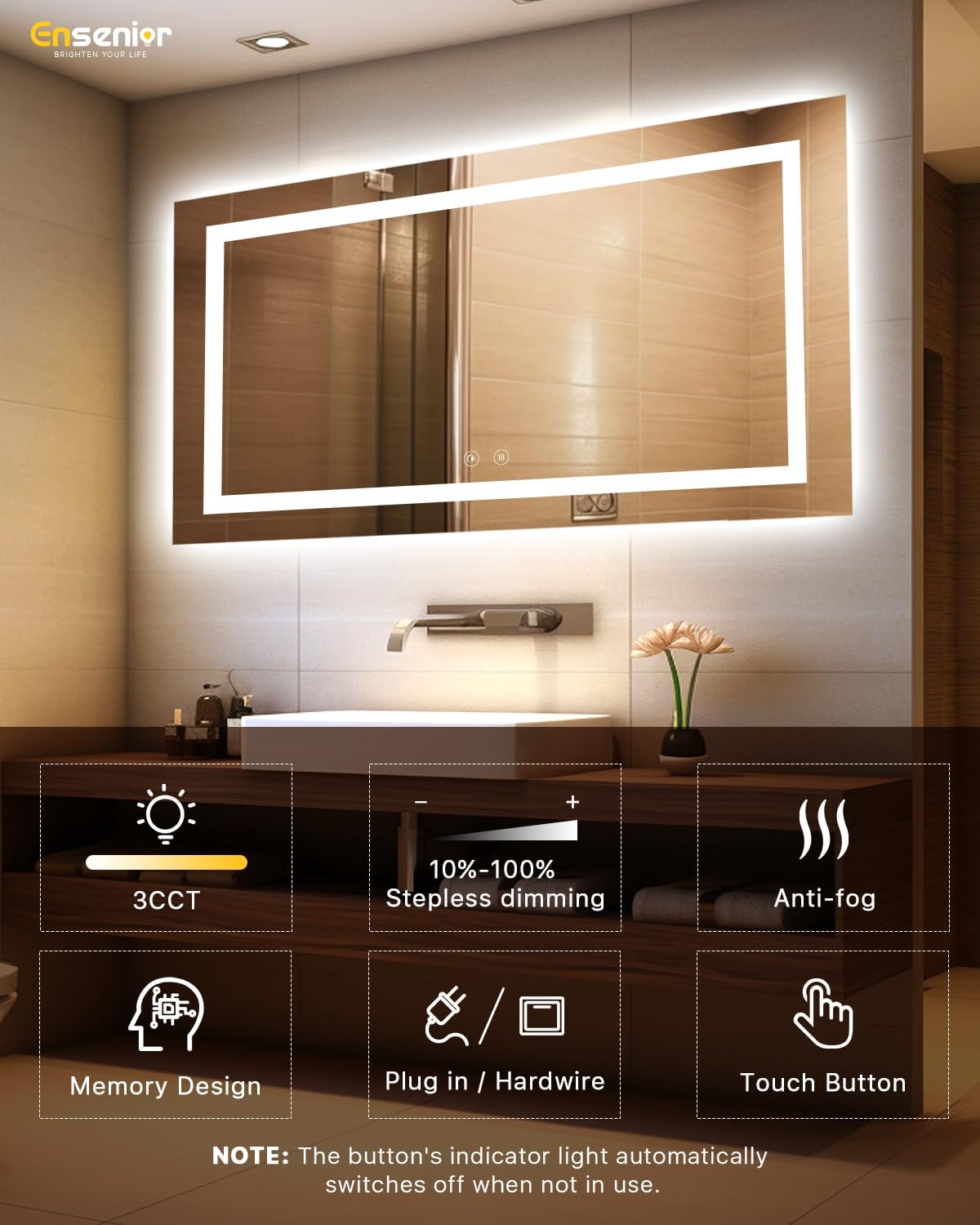 Ensenior LED Bathroom Mirror 55"x 30" with Front and Backlight, Stepless Dimmable Wall Mirrors with Anti-Fog, Shatter-Proof, Memory, 3 Colors, Modern LED Vanity Mirror-ETL & FCC