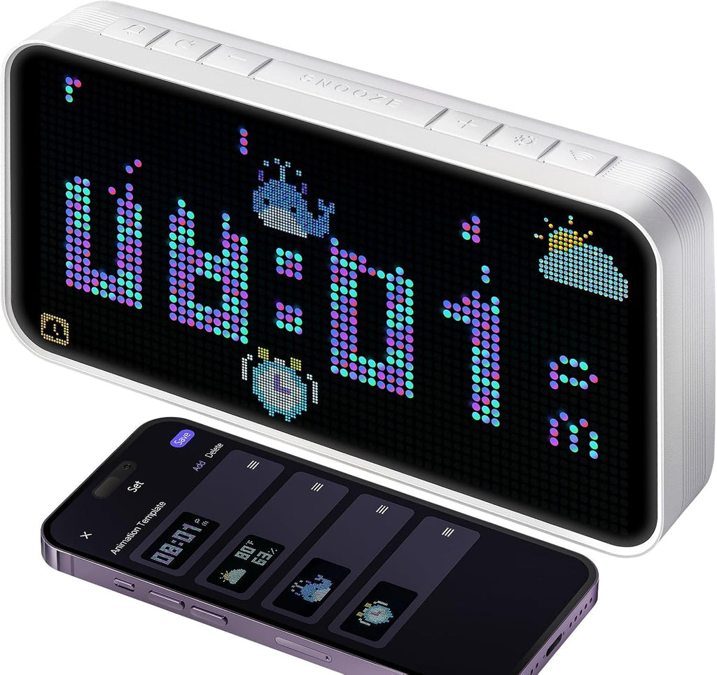 Dekala PixelRise Smart Alarm Clock for Bedroom,Pixel Art LED Dot Matrix Display, Weather Temperature Animation, Loud Dual Alarm for Heavy Sleeper, Sleep White Noise, WiFi Weather & Time Sync, App