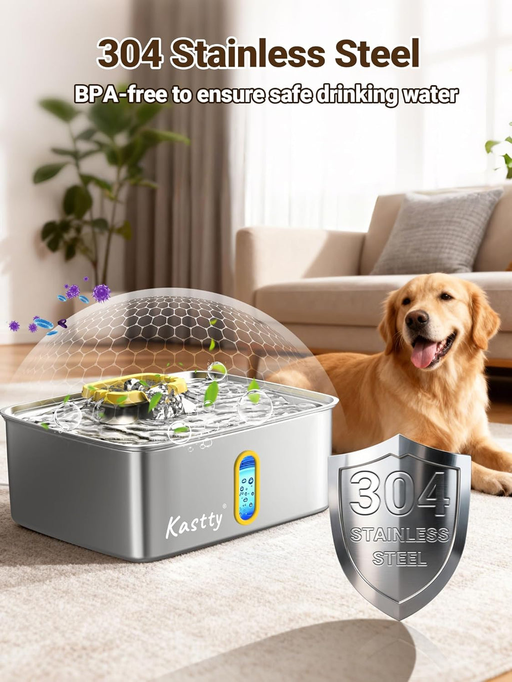 Kastty 3.96 Gal Dog Water Fountain for Large Dogs, 15L Stainless Steel Pet Water Fountain, QuietTriple Filtration Dog Water Bowl Dispenser with Water Level Window and LED Light Easy Clean(FS78,Yellow)