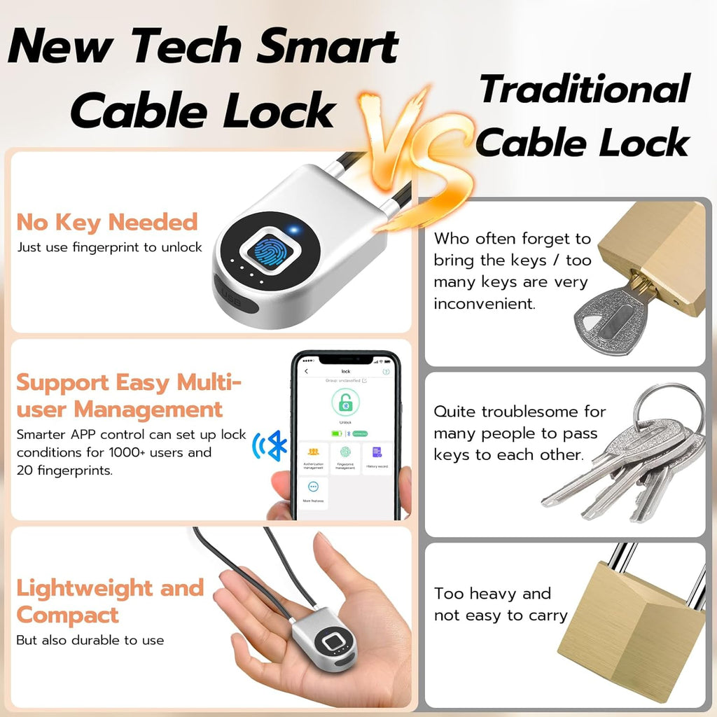 Fingerprint Cable Lock, eLinkSmart Fridge Locks with Bluetooth APP Control, Biometric Smart Padlock for Adults Baby Proof Cabinet Refrigerator French Door Cabinet Gate Locker Bike, 14.9'' Long Silver