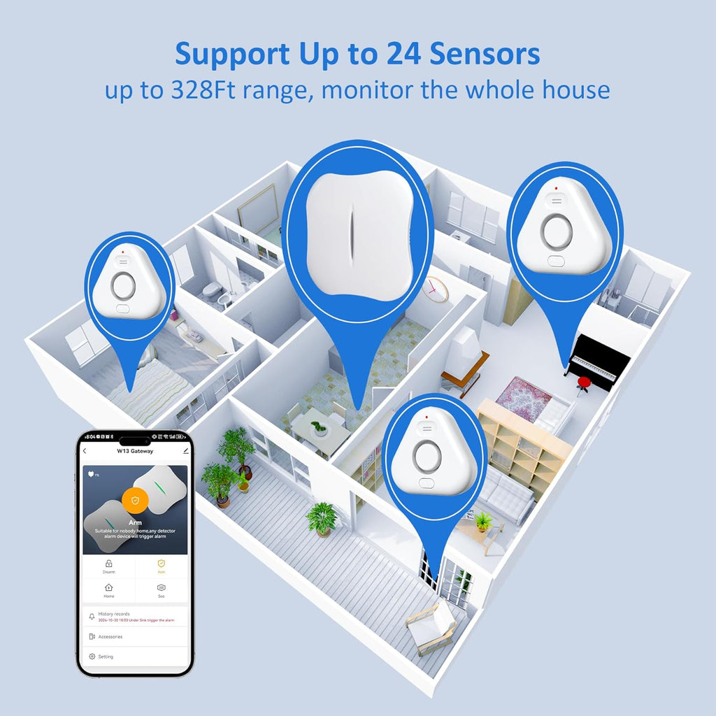 Smart Water Leak Detectors for Home WiFi with App Alerts, Stechro Ajustable 120dB Water Sensor Alarm Leak Detector for Basements Sink Kitchen Laundry, 1 Water Sensor & 1 Rechargeable Gateway