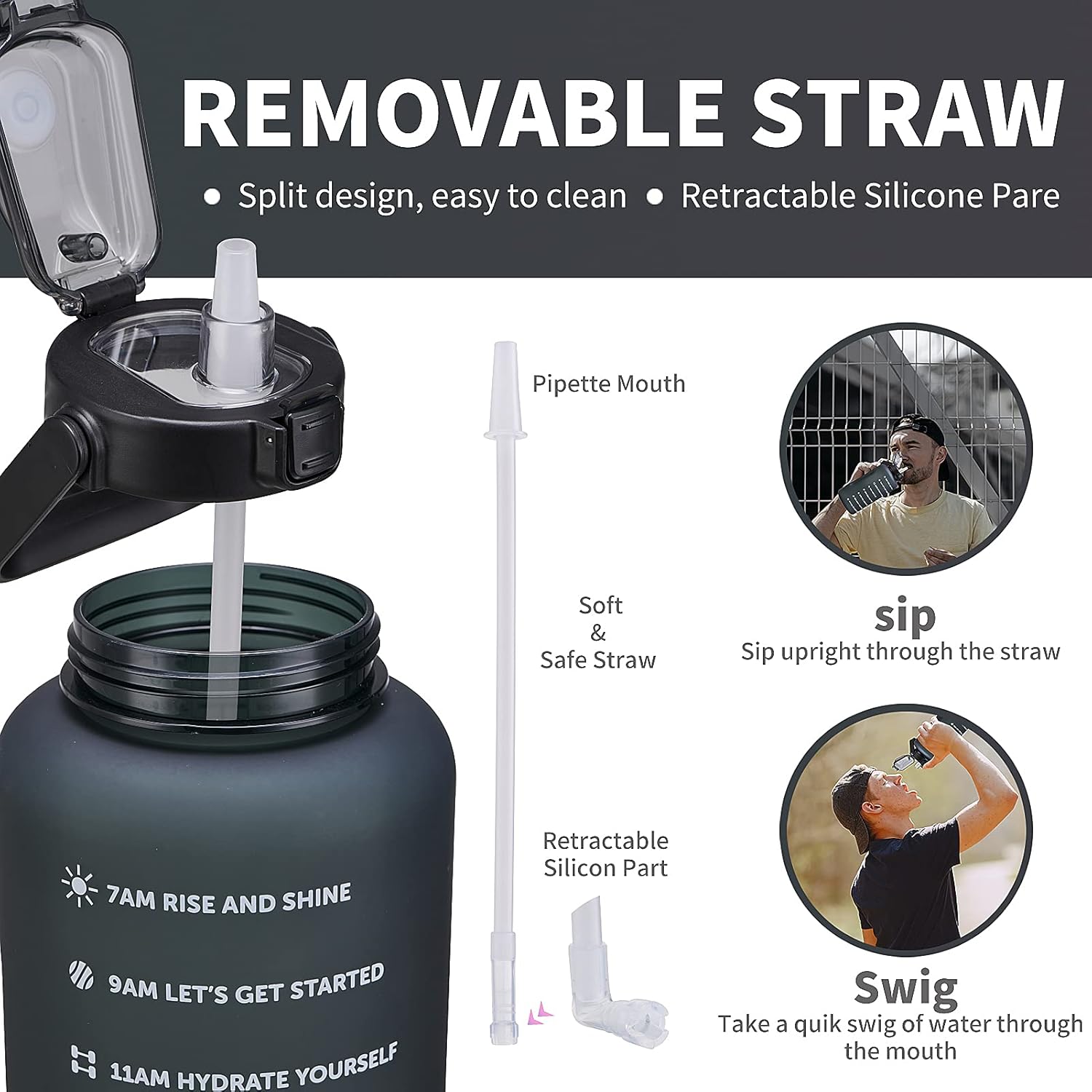 64oz,100oz,128oz Large Motivational Water Bottle with Time Marker, Leakproof & BPA Free Half Gallon Big Water Bottle with Straw Handle Tritan Frosted Water Jug for Gym,Fitness,Outdoor Sports