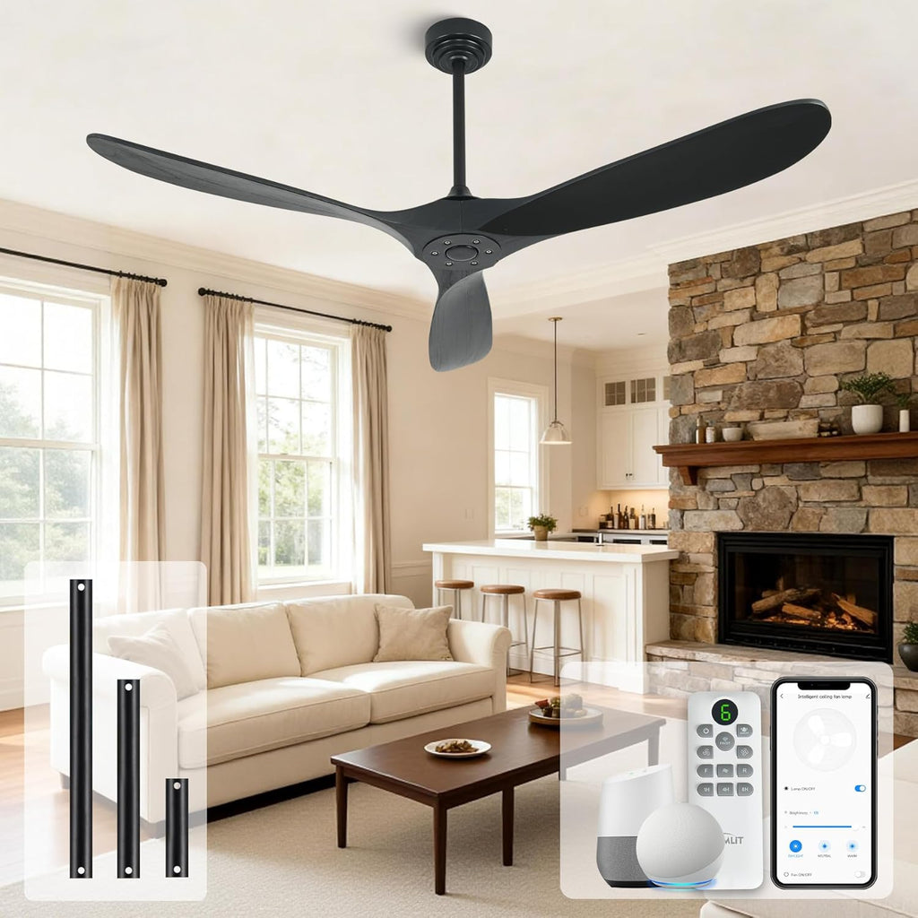 Outdoor Ceiling Fan Without Light, 60 Inch Smart Ceiling Fan with Remote & Voice Control for Alexa/Google, 3-Blade Wood Fan, Quiet DC Motor, 6 Speeds for Patio, Porch, Farmhouse, Black