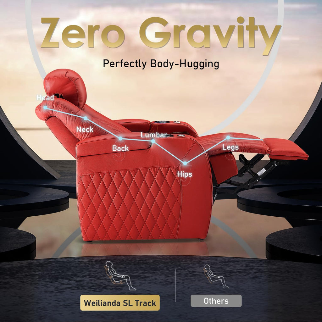Weilianda Home Theater Seating Top Grain Leather Zero Gravity Recliner Chair Power Headrest Recline Movie Seat Gaming 7 Colors Mood Light Sofa with Tray Table USB Charge Row of 5 Red