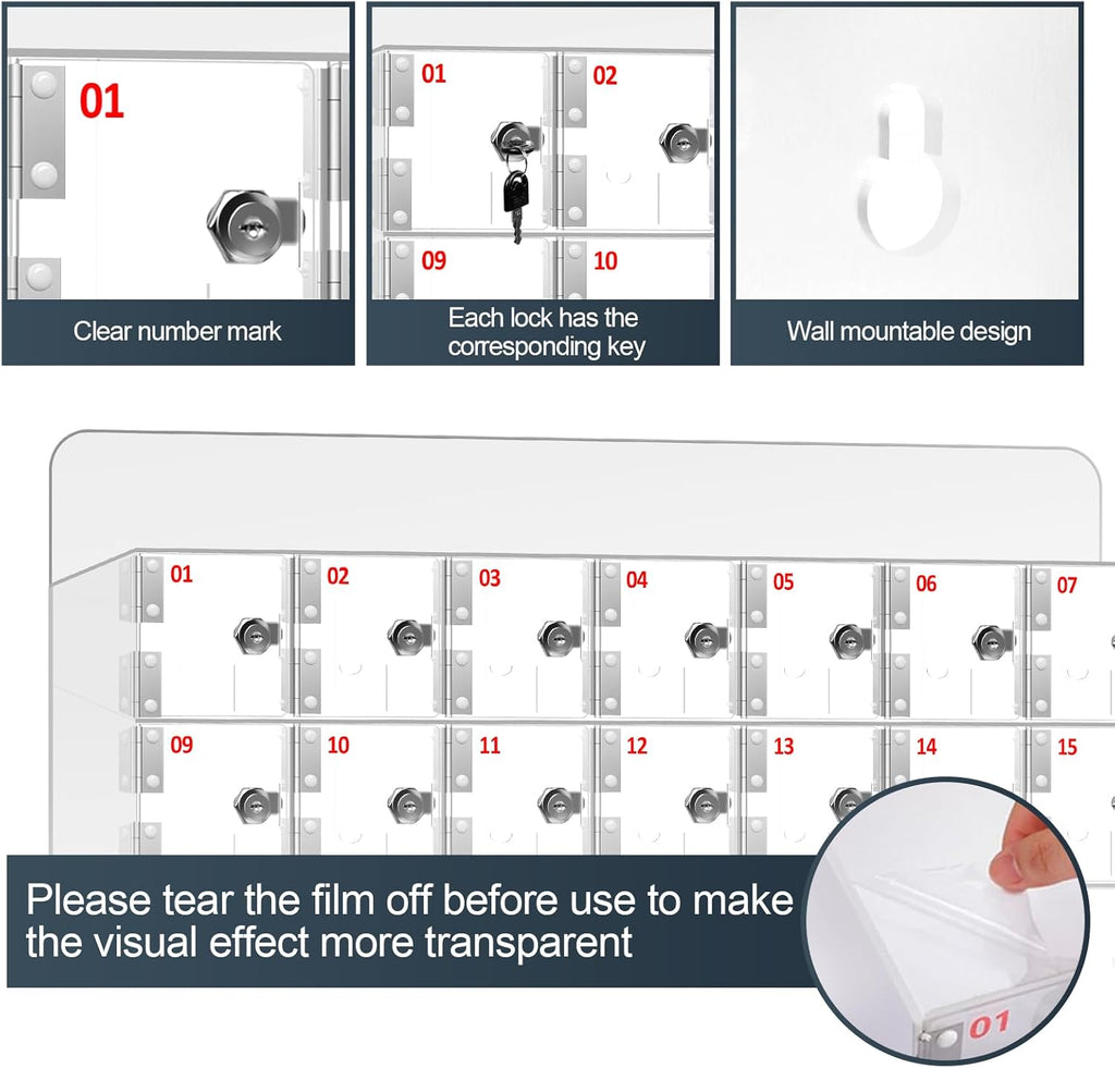 40 A Slots Cell Phone Locker Box, Clear Phone Storage, Acrylic Cell Phone Lock Box with Door Locks and Keys, Wall Mounted Cell Phones Cabinet for Office School Classroom Factory