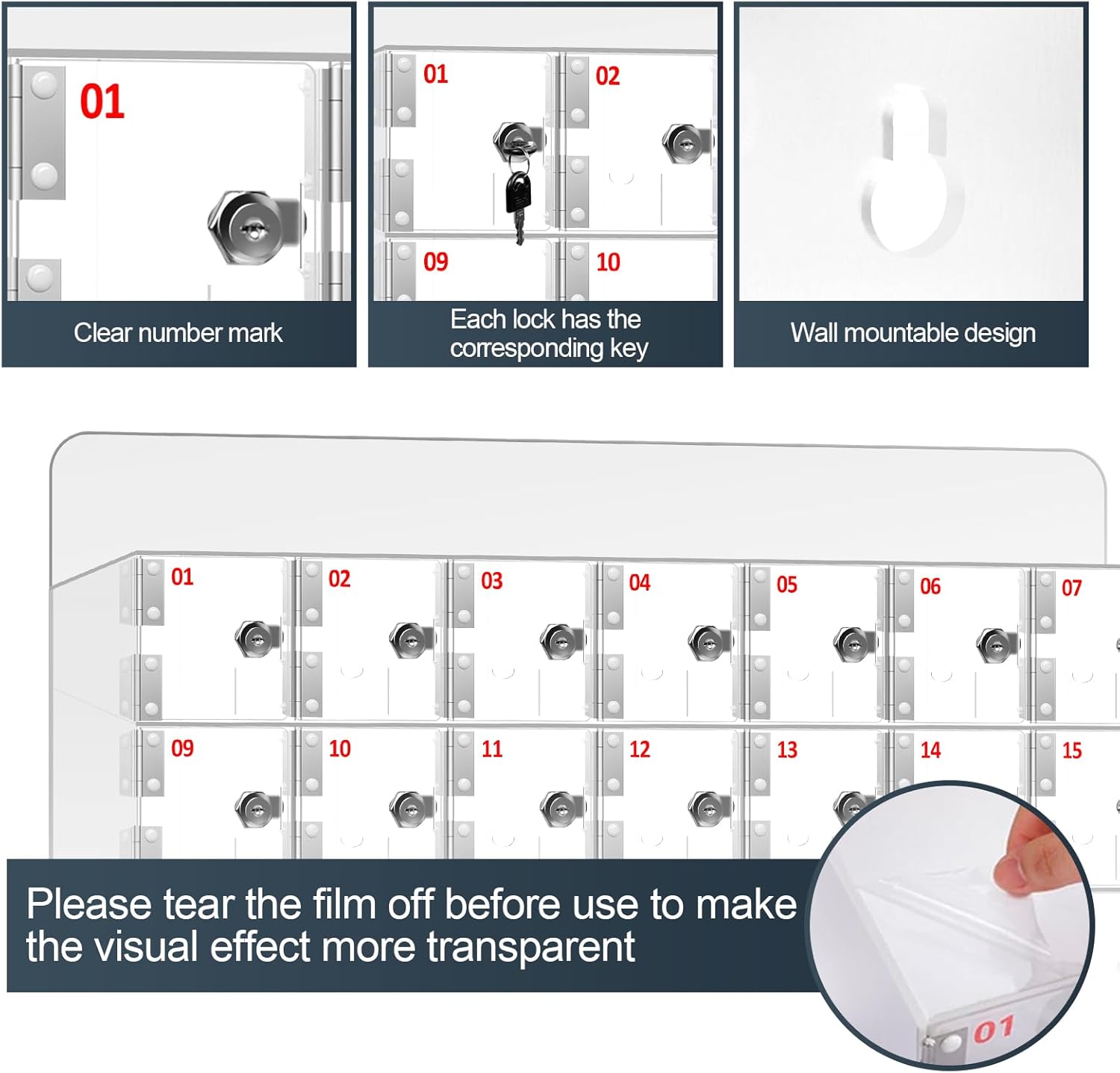 40 A Slots Cell Phone Locker Box, Clear Phone Storage, Acrylic Cell Phone Lock Box with Door Locks and Keys, Wall Mounted Cell Phones Cabinet for Office School Classroom Factory