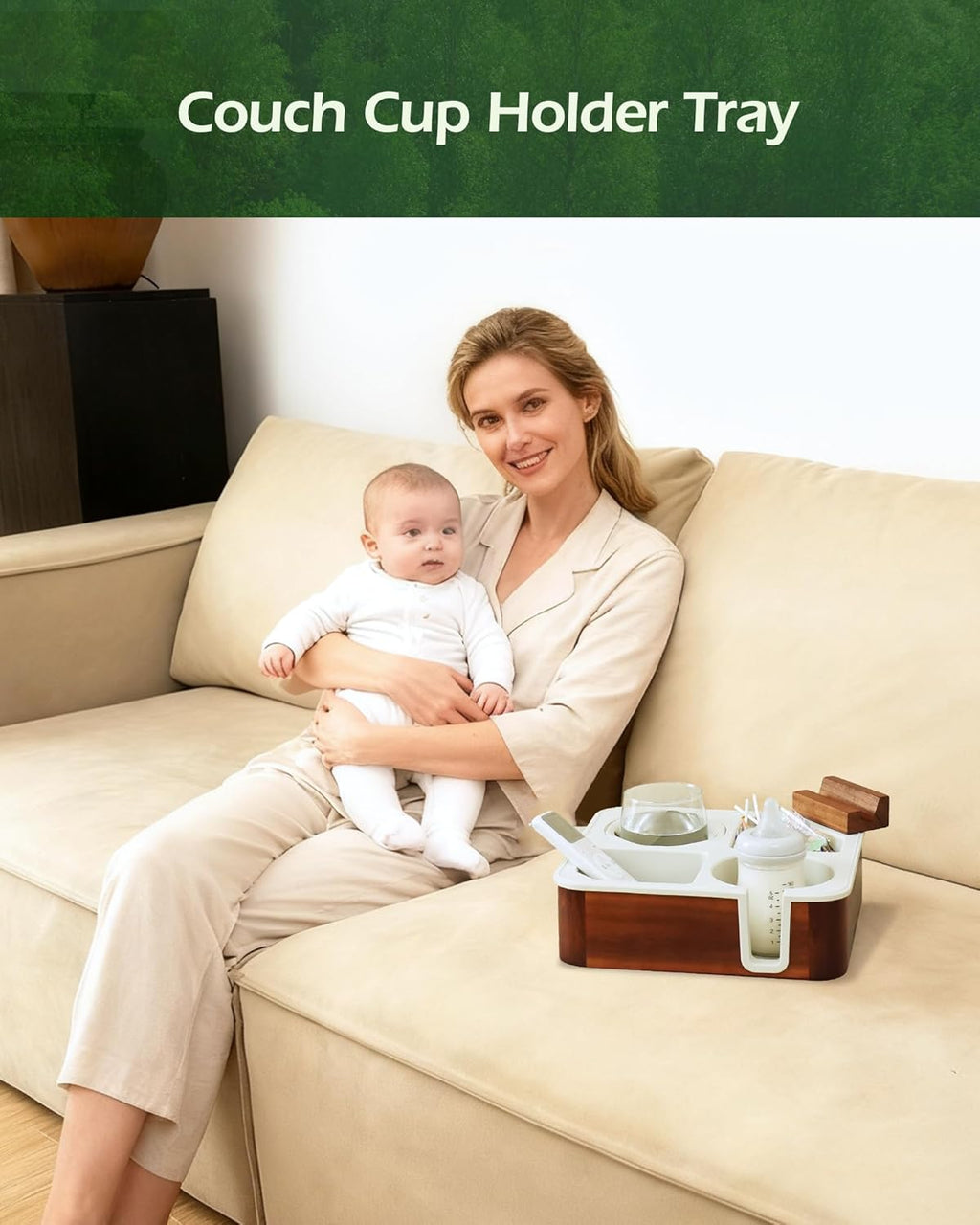 Couch Cup Holder Tray, Acacia Wood Couch Caddy With Cup Holder, Non-Slip Couch Organizer for Drinks, Snacks Remotes, Rounded Corners And Mug Slot Grey