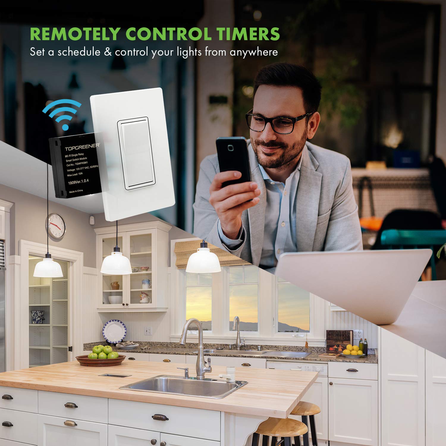 TOPGREENER Wi-Fi Relay Module, Hidden Smart Switch for Fans, Lights, Outlets, 120-240VAC, 10A, ETL Listed, TGWFRSM1, Black