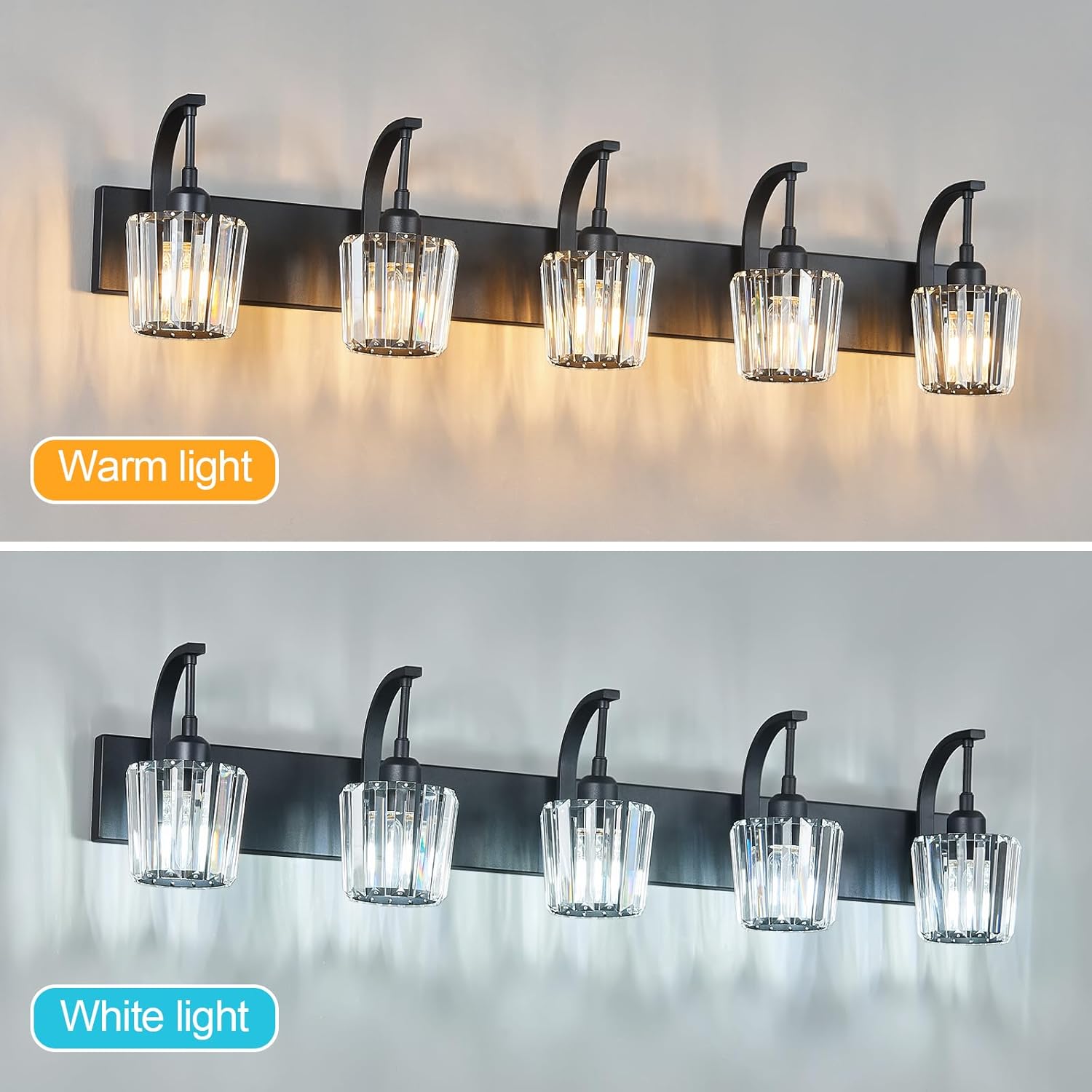 Modern Bathroom Vanity Light, 5-Light Black Wall Sconce with Crystal Accents, Over Mirror Bathroom Lighting Fixture, 42.51" Long Dimmable Vanity Lamp for Makeup, Easy Installation