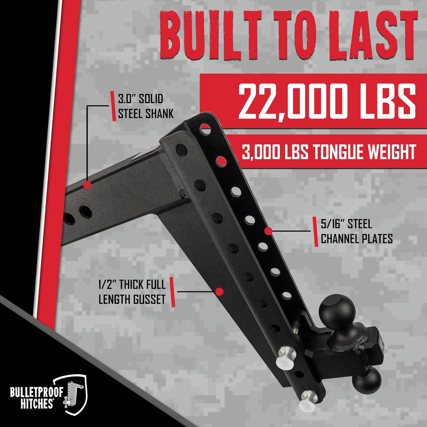 BulletProof Hitches - 3.0" Adjustable Heavy Duty Trailer Hitch (22,000 lb. Rating) - 14" Drop/Rise Trailer Hitch with 2" & 2-5/16" Dual Ball - Powder Coat, Solid Steel, Corrosion-Resistant