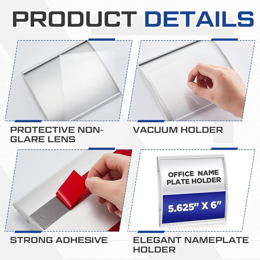 Set of 10 Curved Name Plate Holder for Doors 5.625" x 6" Wall Mount Office Business Door Sign Holder Aluminum Sign Frame with Adhesive Tape Plastic Film for Office Business Display, Silver