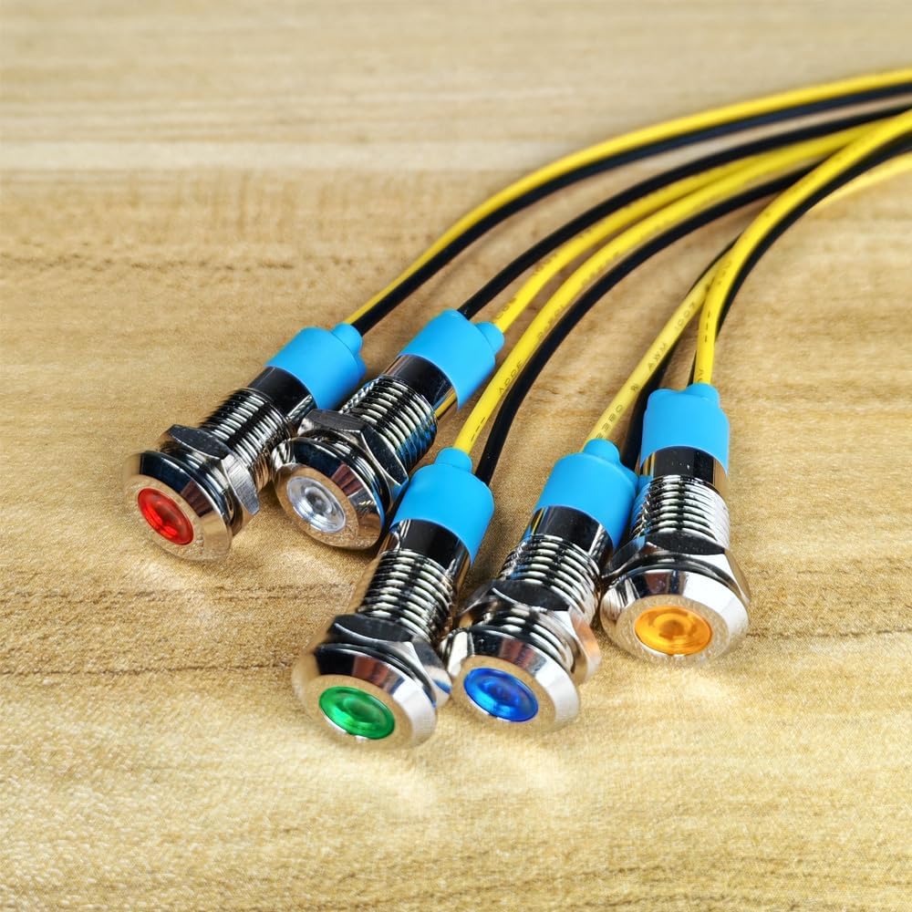 5Pcs 8mm 110V-220VAC LED Metal Indicator Light Waterproof Signal Lamp (Green/Orange/Red/Blue/White 5Pcs)