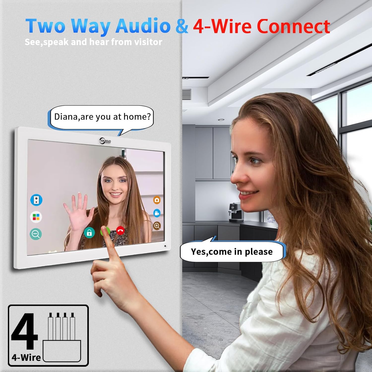 ANJIELO SMART Wired Video Doorbell Apartment Intercom System,4 Family Units 10 Inch Touch Monitor,3 in 1 Unlocking,Dual Way Intercom Motion Detection Tuya for Villa Home (1 Doorbell(w)+ 4 Monitor(w))