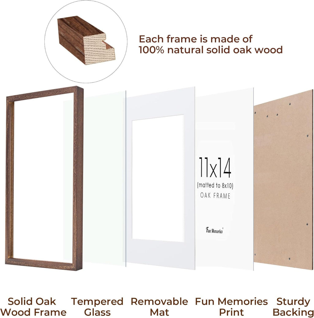 Fun Memories 11x14 Wood Picture Frame, Set of 3, Natural Oak Frame 11 x 14 with Tempered Glass, 8x10 Matted to Wood, Farmhousr Rustic Wooden Poster 11x14, Walnut Color