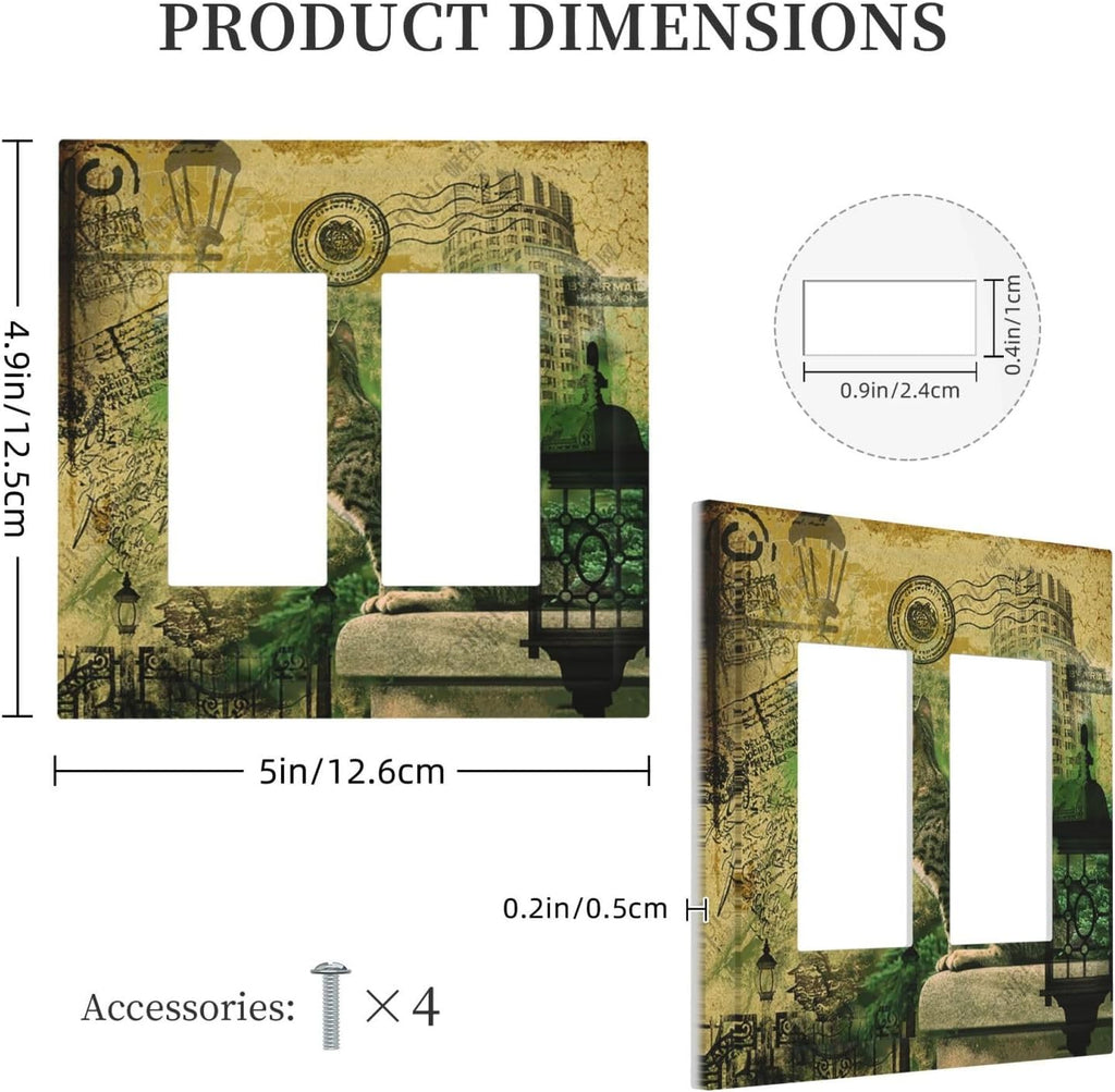 Decorative Outlet Covers Vintage Style Cat City Stamp 2 Gang Double Rocker Light Switch Cover Plate Electrical Switch Plate Cover Decorate GFCI Wall Plate for Bedroom Home Decor