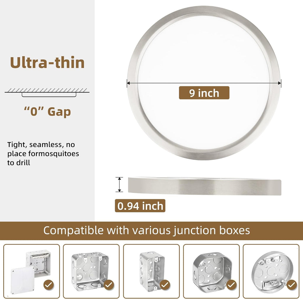 Hlite 6pack 9 Inch Flush Mount LED Ceiling Light Fixture,18W 1800LM Super Slim Light Fixtures Ceiling Mount 3000K/4000K/5000K 3CCT Selectable,Light Fixtures for Kitchen,Bedroom (Brush Nickel)