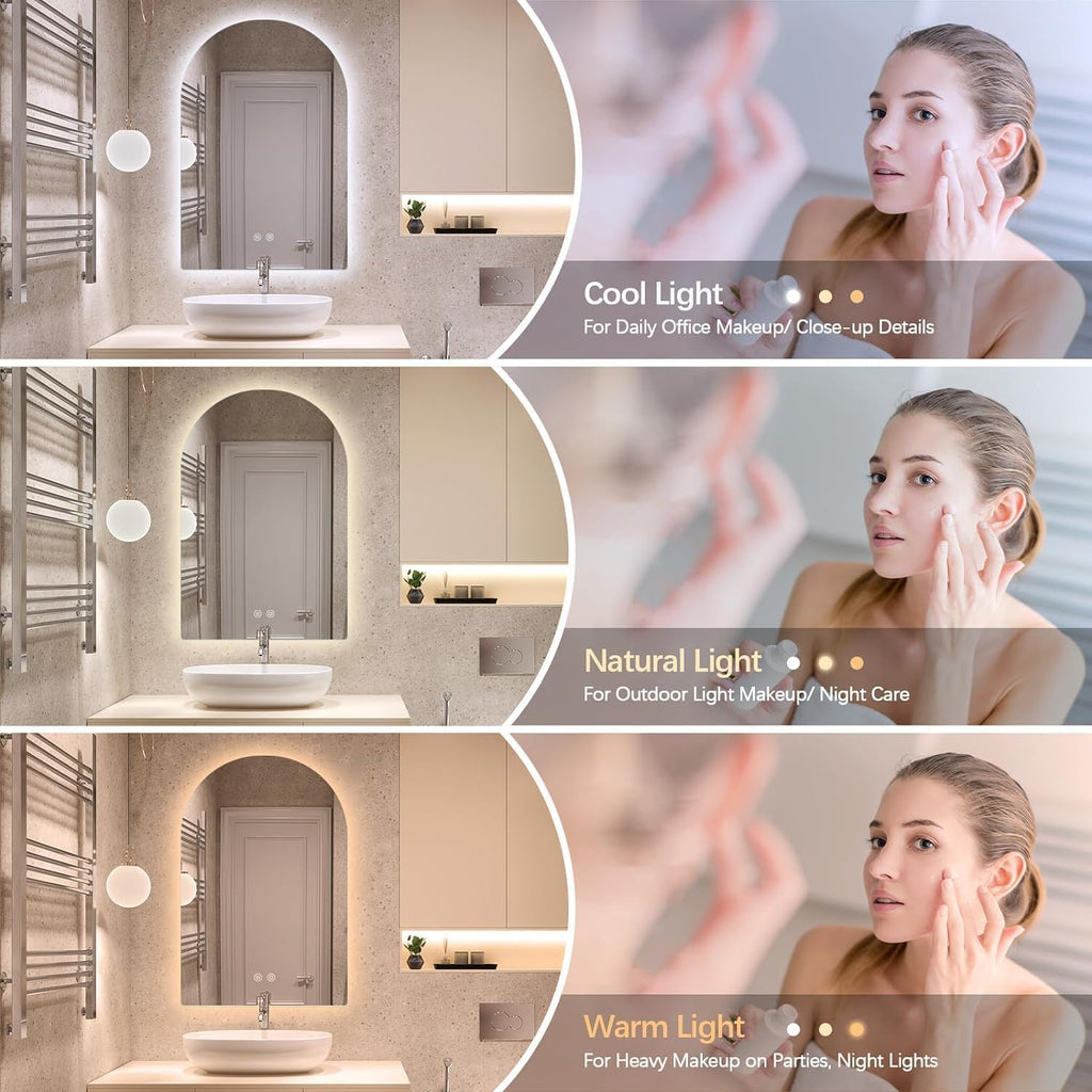 Niccy Arched LED Bathroom Mirror, 51x27 Inch Arch Frameless Backlit Mirrors for Wall Arched Lighted Vanity Mirrors Defogger and 3 Color, Explosion-Proof, HD Glass and IP65 Waterproof