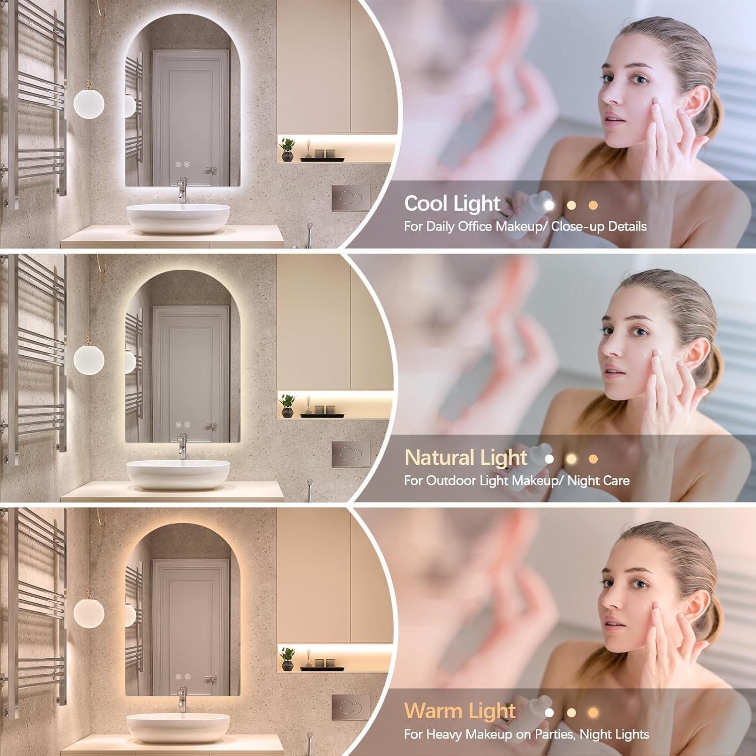 Niccy Arched LED Bathroom Mirror, 51x27 Inch Arch Frameless Backlit Mirrors for Wall Arched Lighted Vanity Mirrors Defogger and 3 Color, Explosion-Proof, HD Glass and IP65 Waterproof
