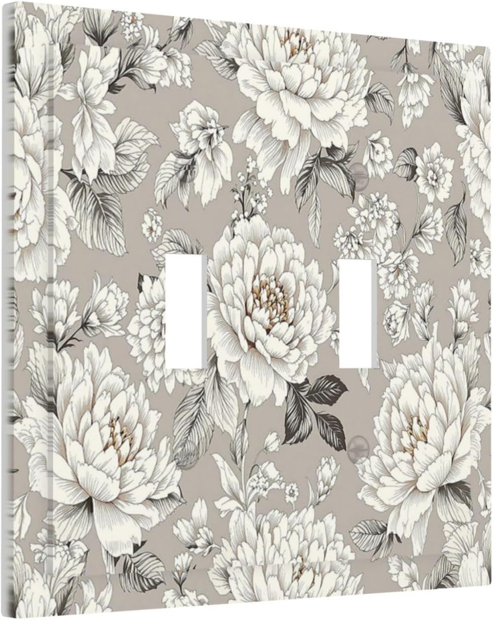 White Poppies Floral Modern Grey Peonies Flowers Decorative Switch Plates 2 Gang Double Toggle Outlet Light Switch Cover Wall Plate Electrical Faceplate for Bedroom Bathroom Decor