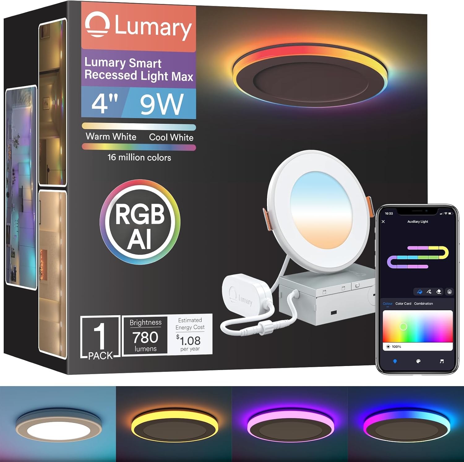 Lumary RGBAI Smart Recessed Lighting 4 Inch with Gradient Accent and Night Ring, 9W 780LM WiFi Canless Wafer Downlight with Junction Box, LED Downlight Work with Alexa/Google Assistant/Siri, 1PCS
