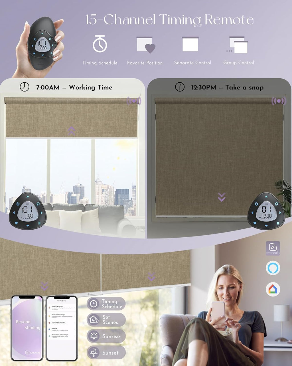 Graywind Motorized Roller Shades Work with Alexa Google Smart Blackout Shades with Remote Insulated Triple Weaved Fabric Window Blinds with Valance for Smart Home Office, Customized Size (Coffee)