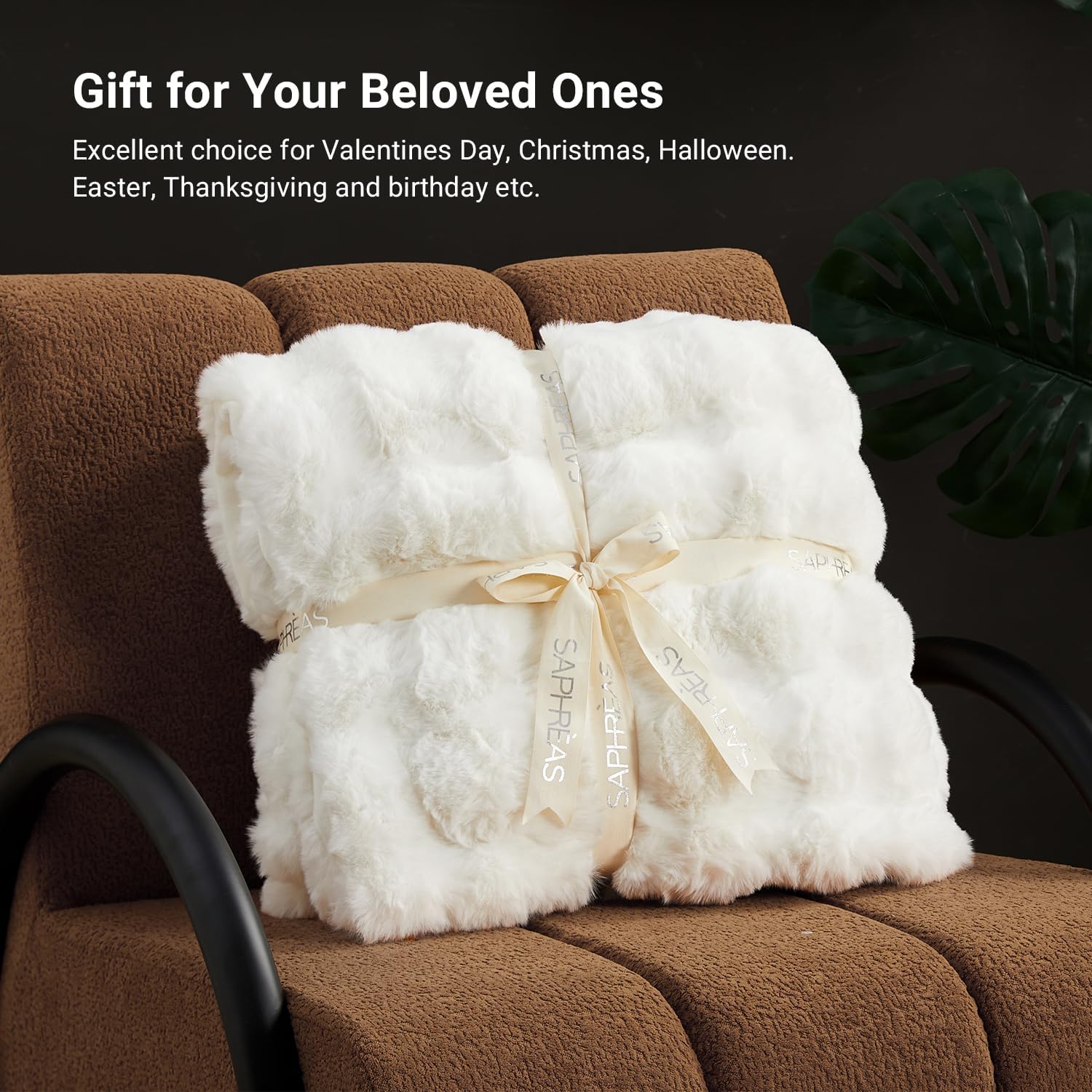 SAPHREAS Faux Fur Throw Blanket for Couch, Fluffy Fuzzy Bubble Blanket for Sofa Bed Living Room, Decor Soft Cozy Gifts for Women Men, 60x80” Cream White