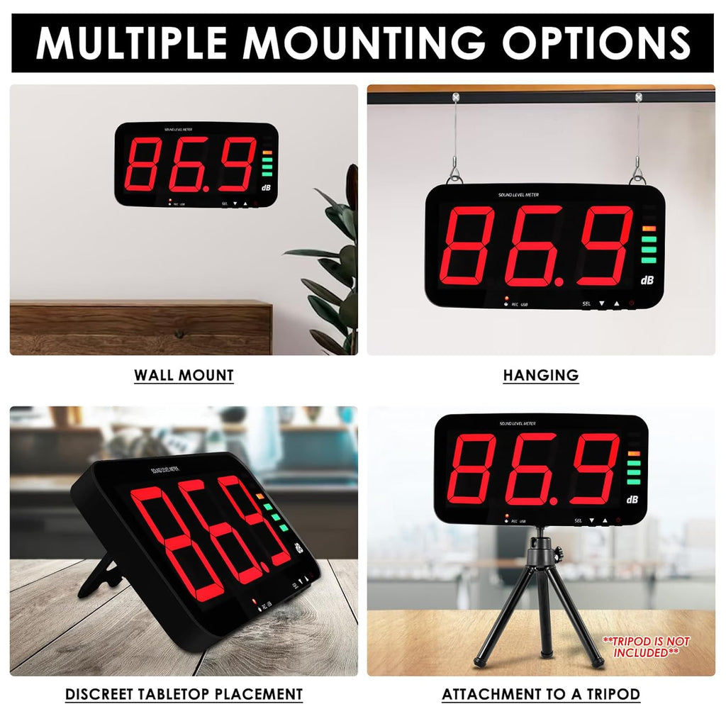 Decibel Meter Sound Level Meter with Data Logging, 13" Large LCD Display Wall Mounted Noise Meter for Classroom w/ 16.4ft Corded Sensor & Alarm Output for Studio Decibel Noise Measuring and Recording