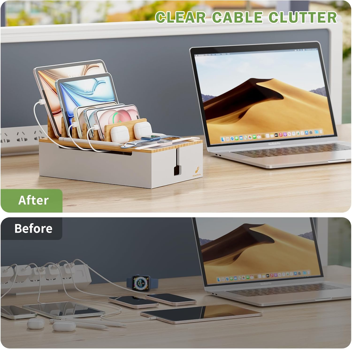 Pezin & Hulin Bamboo Charging Station, Electronic Devices Organizer for Multiple Devices Charger Such As Cell Phone, Tablet, Watch and More, Natural+White, (No USB Charger and Cables