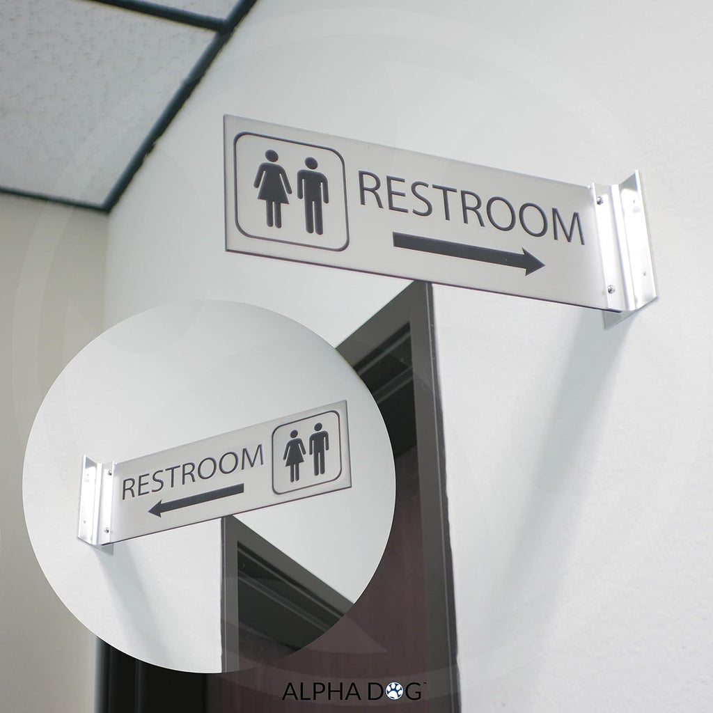 ALPHA DOG SIGNS Corridor Projecting Hallway Bathroom Sign, Left Arrow, 4"x12" Double Sided, Indoor/Outdoor, Easy Install, Durable Business Wayfinding Plaque, USA-Made (Brushed Stainless)