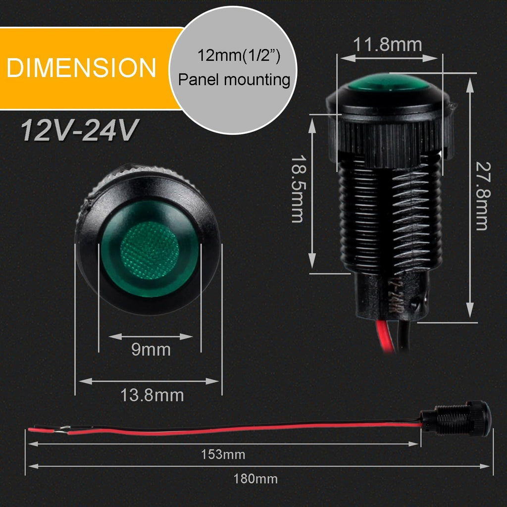 5pcs 12mm 12V-24V LED Indicator Light Plastic Black Signal Dot Lamp 12V-24V 1/2 inches Mounting Hole Size with 15cm/5.9in. Wire (Green LED)