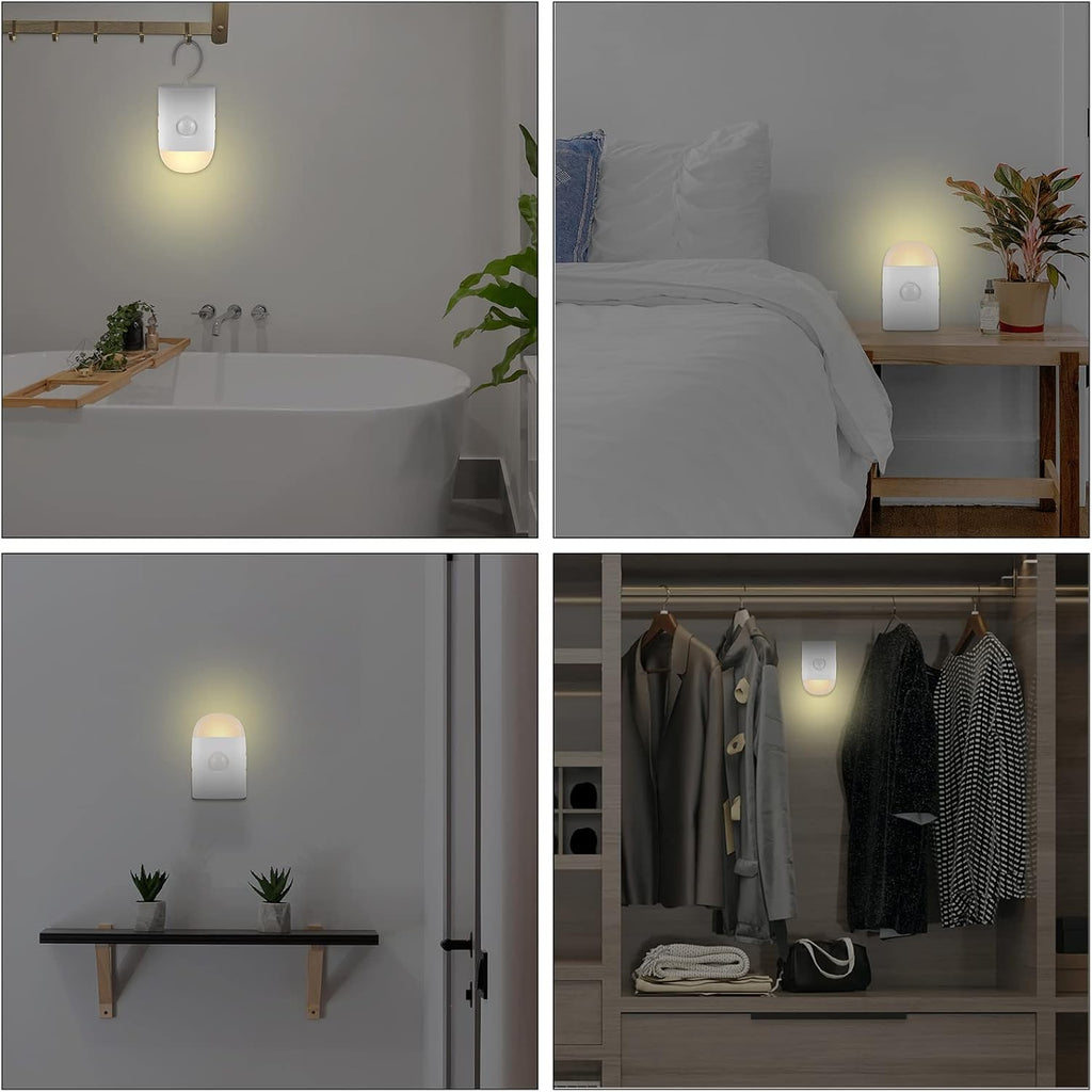 Motion Sensor LED Night Lights Warm White with Adjustable Brightness Rechargeable Battery, with Hook and Stick-On for Cabinet, Wardrobe,Closet,Hallway, Stairs (1 Pack)