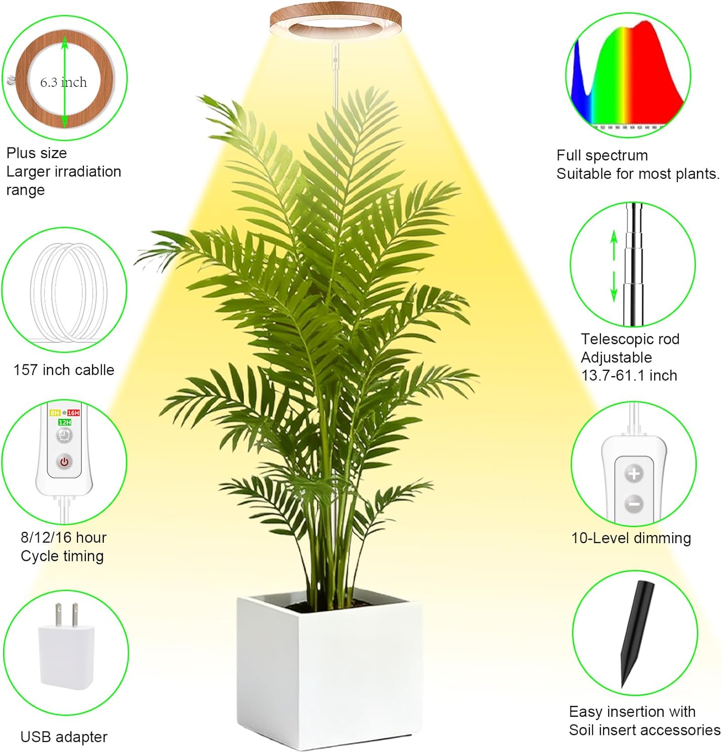yadoker Plant Grow Light,LED Growing Light Full Spectrum for Indoor Plants,Aluminum Cherry Wood Grain Plant Lights,Height Adjustable, Automatic Timer, 5V Low Safe Voltage