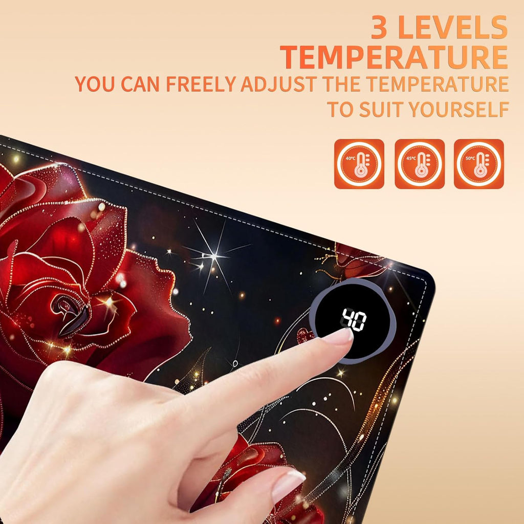 Heated Mouse Pad, Warm Desk Pad, Keyboard Mat 31.5 x 13 Inch Large Size Intelligent Fast Heating, 3 Speed Adjustable, Timed Auto Power Off for Game Office Home,Flowers Roses