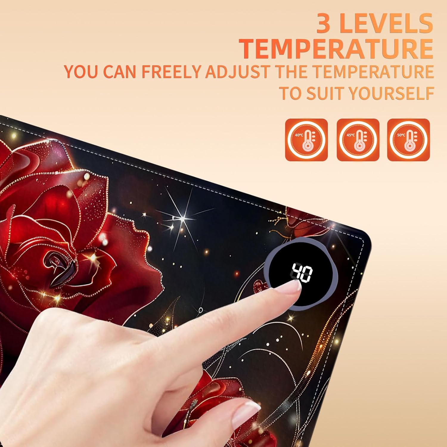 Heated Mouse Pad, Warm Desk Pad, Keyboard Mat 31.5 x 13 Inch Large Size Intelligent Fast Heating, 3 Speed Adjustable, Timed Auto Power Off for Game Office Home,Flowers Roses