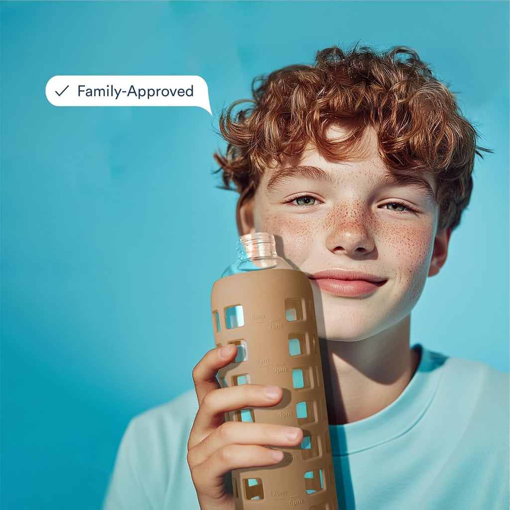 purifyou 40oz / 32oz / 22oz / 12oz Borosilicate Glass Water Bottle with Time & Volume Markers, Silicone Sleeve, Stainless Steel Lid | Reusable Glass Bottle for Water & Juice (40oz Iced Coffee)