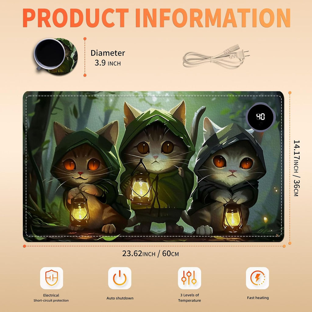 Heated Mouse Pad, Warm Desk Pad, Keyboard Mat 23.6 x 14 Inch Intelligent Fast Heating, 3 Speed Adjustable, Timed Auto Power Off for Game Office Home, 3 Cat Apostles Carrying Lanterns