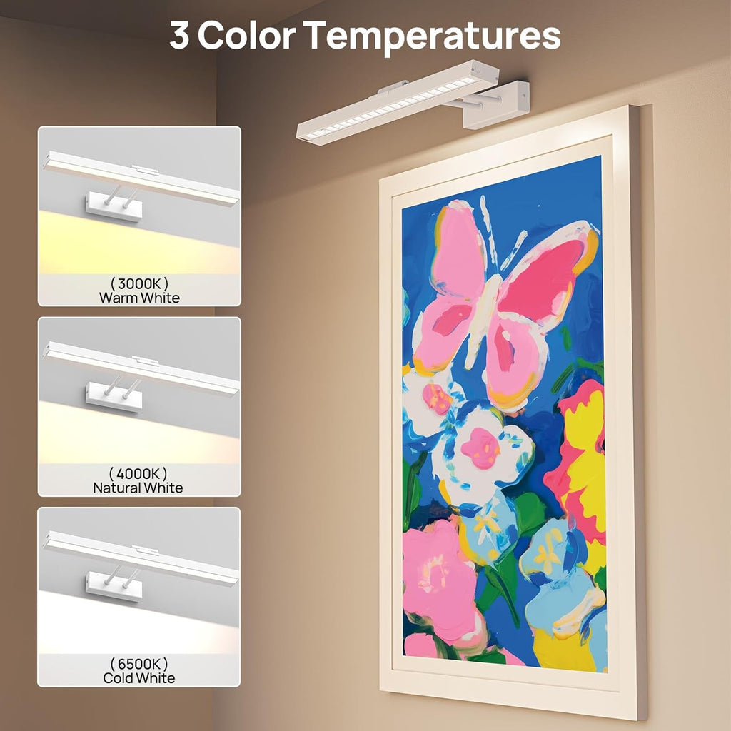 PESUTEN Picture Light Battery Operated, 16in Wireless Art Light for Paintings CCT Dimmable Recharging Wall Art Light with Remote Control for Gallery Dartboard Art Bedroom Bathroom White