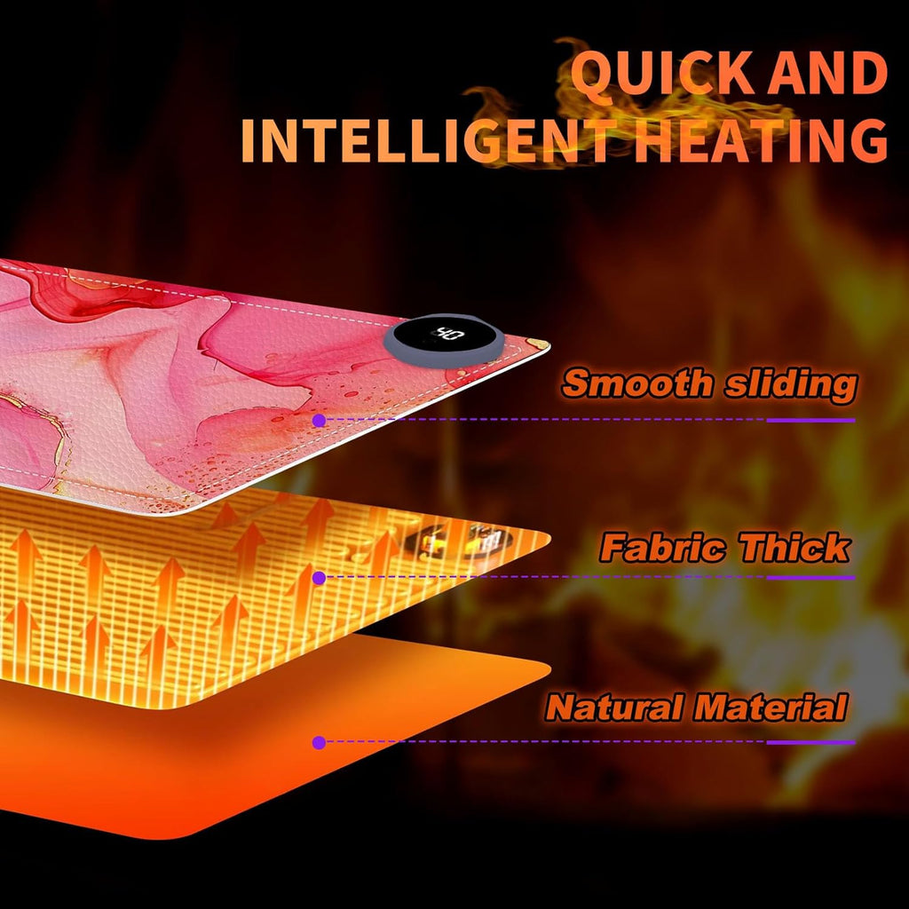 Heated Mouse Pad, Warm Desk Pad, Keyboard Mat 31.5 x 13 Inch Large Size Intelligent Fast Heating, 3 Speed Adjustable, Timed Auto Power Off for Game Office Home,Pink Marble