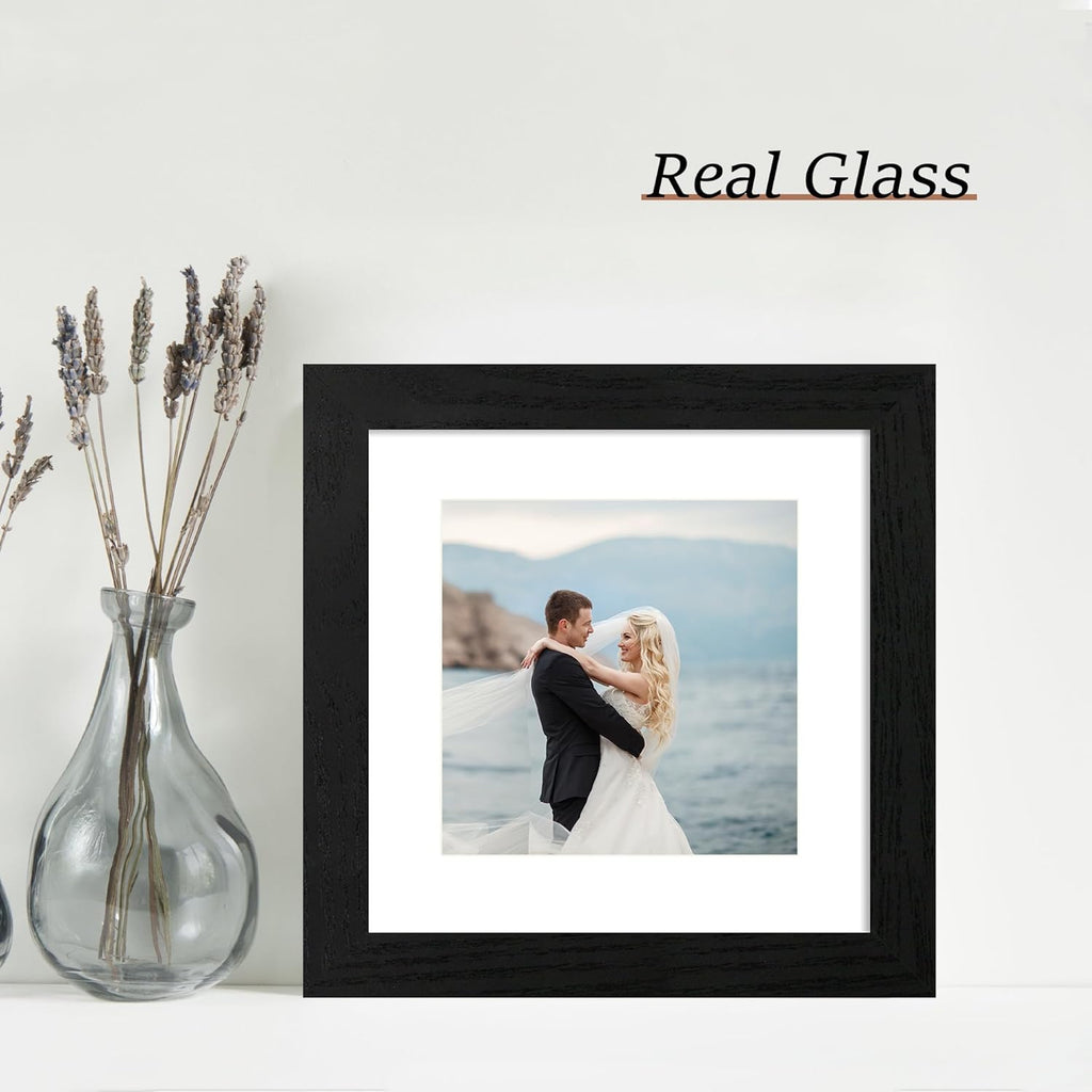 iRahmen 8x8 Picture Frames Set of 4 with High Definition Real Glass, Black Frames Display 6x6 Picture with Mat or 8x8 Without Mat, Wood Square 8 x 8 Photo Frame for Wall Mount and Tabletop Display