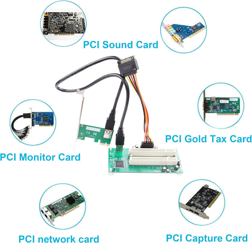 PCIe 1X to Dual Pci Slot Expansion Card PCI-Express 1X Male to PCI Female Adapter for Sound Cards, Network Cards, Fax Cards, Video Capture Cards, Parallel Port Cards