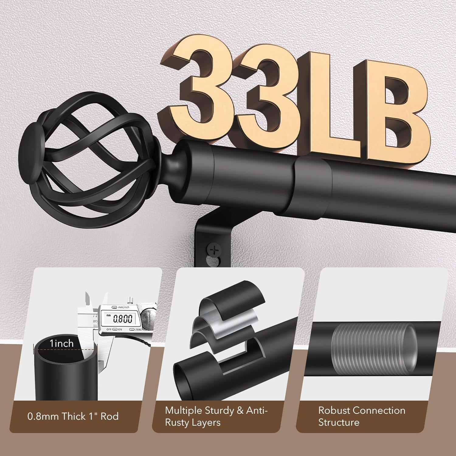 2 Pack Curtain Rods for Windows 48 to 84, 1 Inch Adjustable Decorative Black Curtain Rod with Twisted Cage End, Modern Heavy Duty Drapery Rods for Bedroom, Telescoping Splicing Structure, Size 32"-90"
