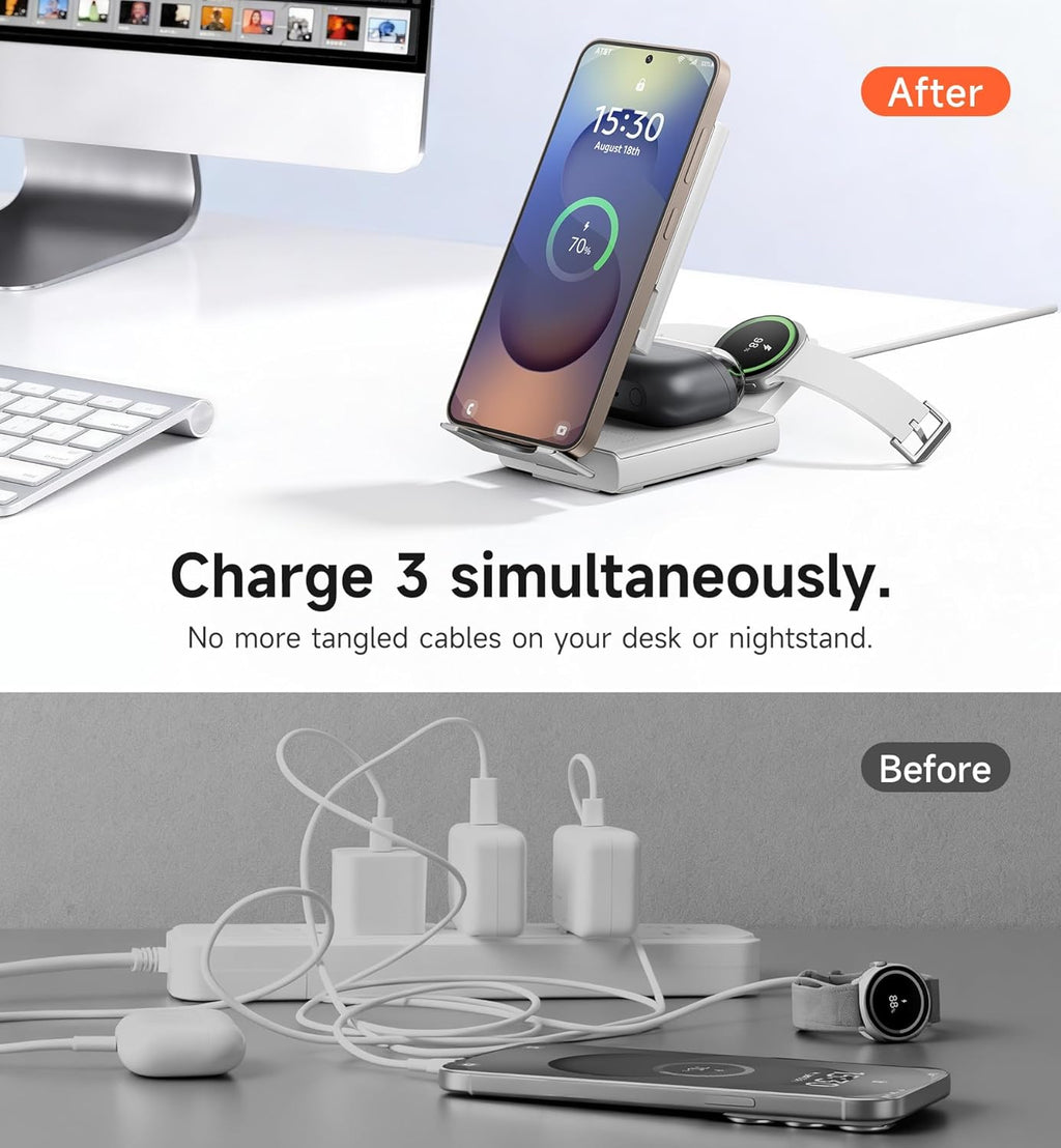 SURITCH for Samsung 3-in-1 Wireless Charging Station, 15W Ultra-Compact Chargers Foldable Charging Dock Stand for Galaxy S25 S24 S23 S22 S21 Z Fold/Z Flip, Galaxy Watch 8/7/6/5/4/3, Galaxy Buds, White