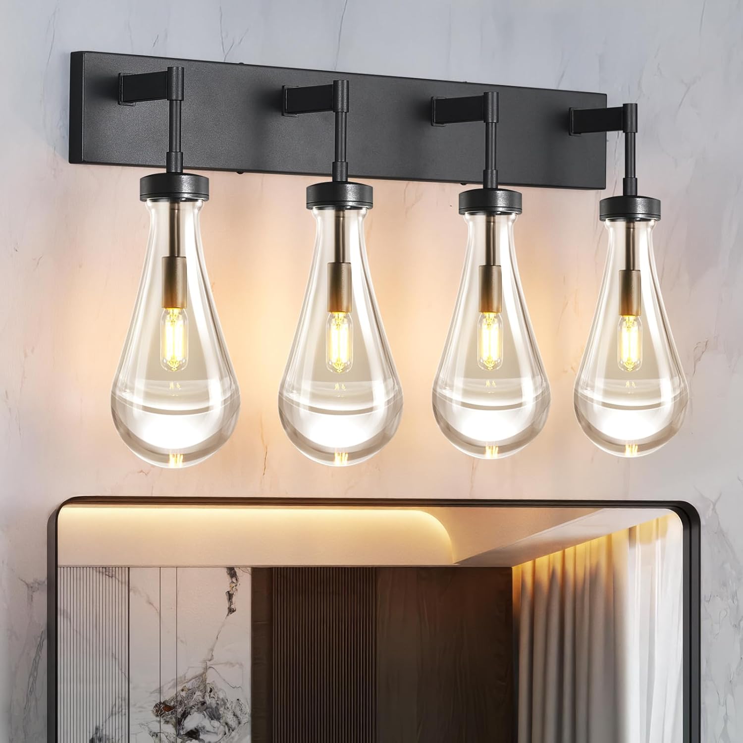 Raindrop Wall Sconces Black Crystal Sconces Wall Decor Modern Lighting Glass Bathroom Sconces Indoor Vanity Light Wall Lamp for Bedroom Living Room Stair(4-Light)