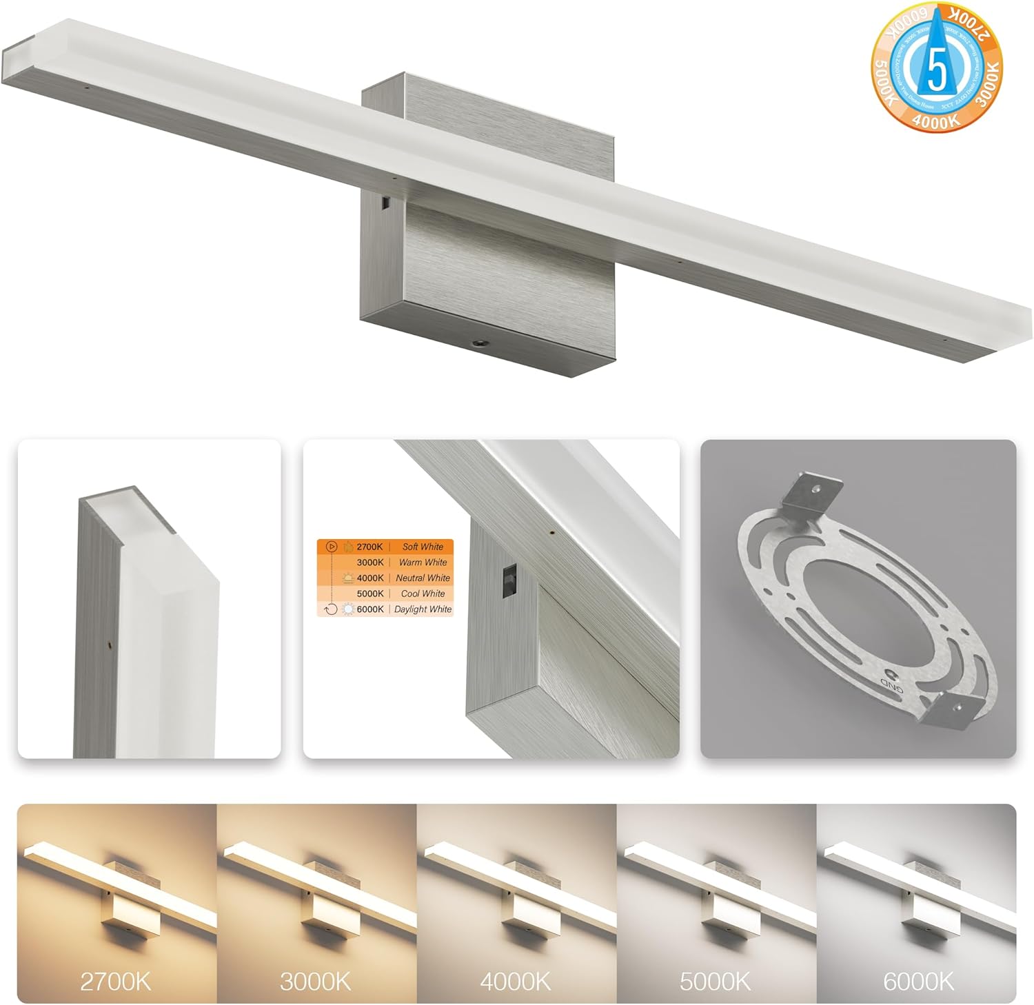 ZAGO 24 Inch Bathroom Linear Vanity Light Fixtures Over Mirror - LED Modern Wall Mounted Adjustable Hardwired Picture Lighting Bar with 5CCT Switchable, ETL & Damp Rated, Brushed Nickel, 2 Packs
